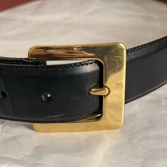 Vintage Coach Black and Brown Leather Dress Belt Brass Gold Buckle 8511 Medium - Picture 5 of 11